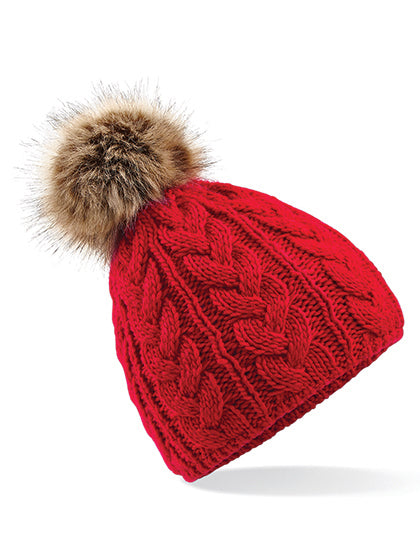 Faux Fur Pop Pom Cable Beanie